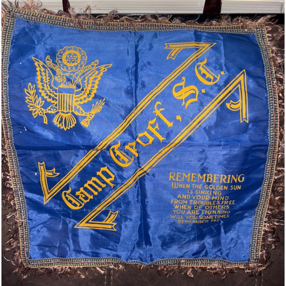 Vintage WWII Camp Croft SC Military Souvenir Pillow Sham Cover Blue Gold Fringe
